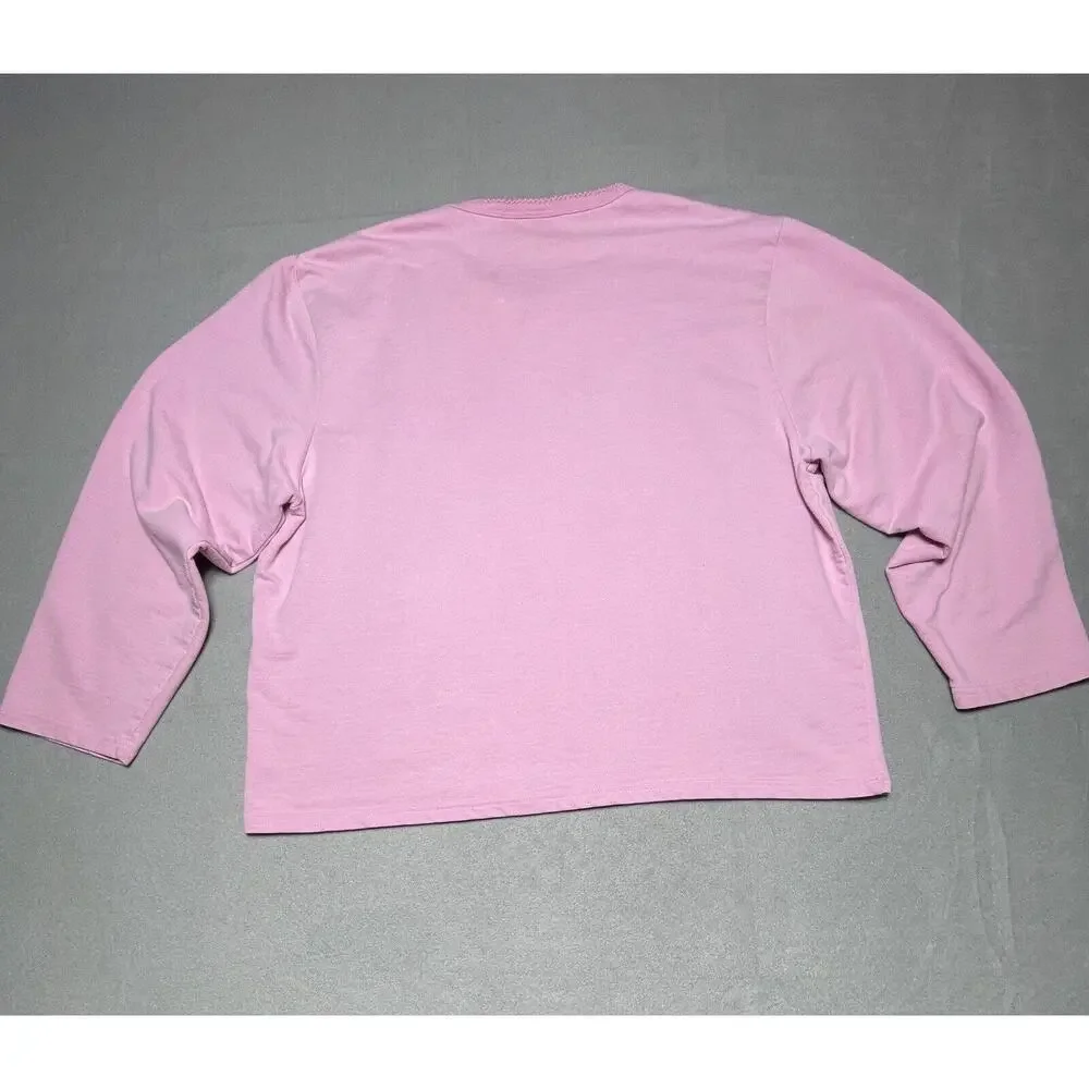 Womens XL Pink Embroidered Shirt 3/4 Sleeves Grandma Cottage Core Floral Cropped